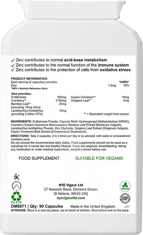 NYE Vigour High Strength D-Mannose Vegan 90 Capsules with Cranberry Botanicals Lactobacillus Acidophilus and Zinc