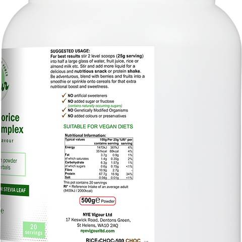 NYE Vigour Chocorice Protein Complex Chocolate Flavour 500g Vegan Brown Rice Powder with Stevia Leaf Sweetener