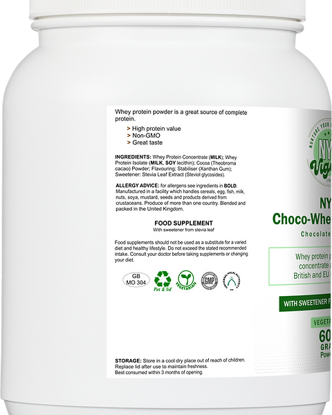 NYE Choco-Whey Complex Chocolate Flavour 600g Protein Powder with Stevia Leaf Sweetener for Fitness Enthusiasts