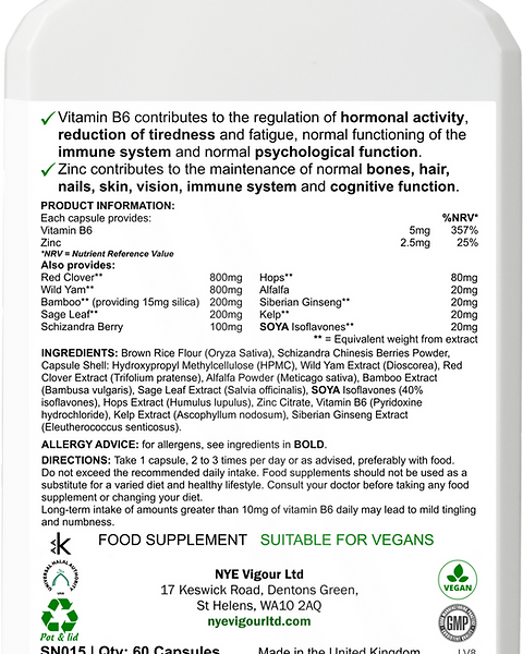 NYE Meno Support Plus Fitness Dietary Supplement for Women with Isoflavones Vitamins Minerals & Herbs Vegan 60 Capsules - Healthcare