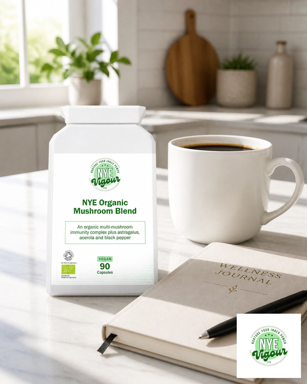 NYE Organic Mushroom Blend - 90 Vegan Capsules for Nervous System Support, Immunity Boost & Collagen Formation - Healthcare
