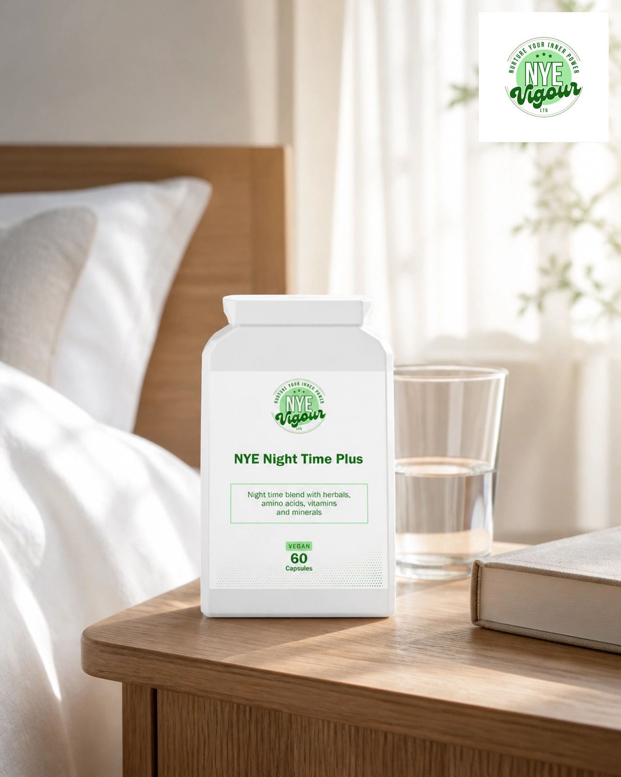 NYE Night Time Plus - Vegan 60 Capsules for Evening Use with Herbs Amino Acids Vitamins and Minerals