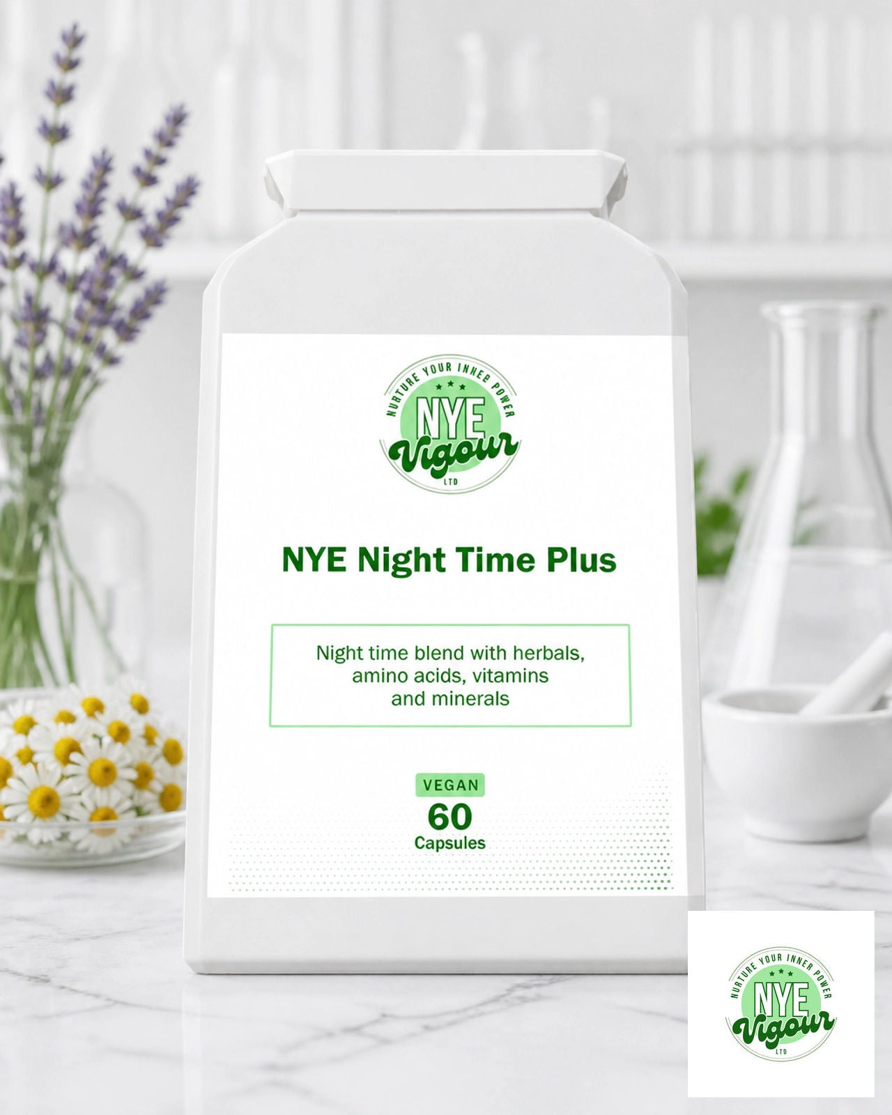 NYE Night Time Plus - Vegan 60 Capsules for Evening Use with Herbs Amino Acids Vitamins and Minerals