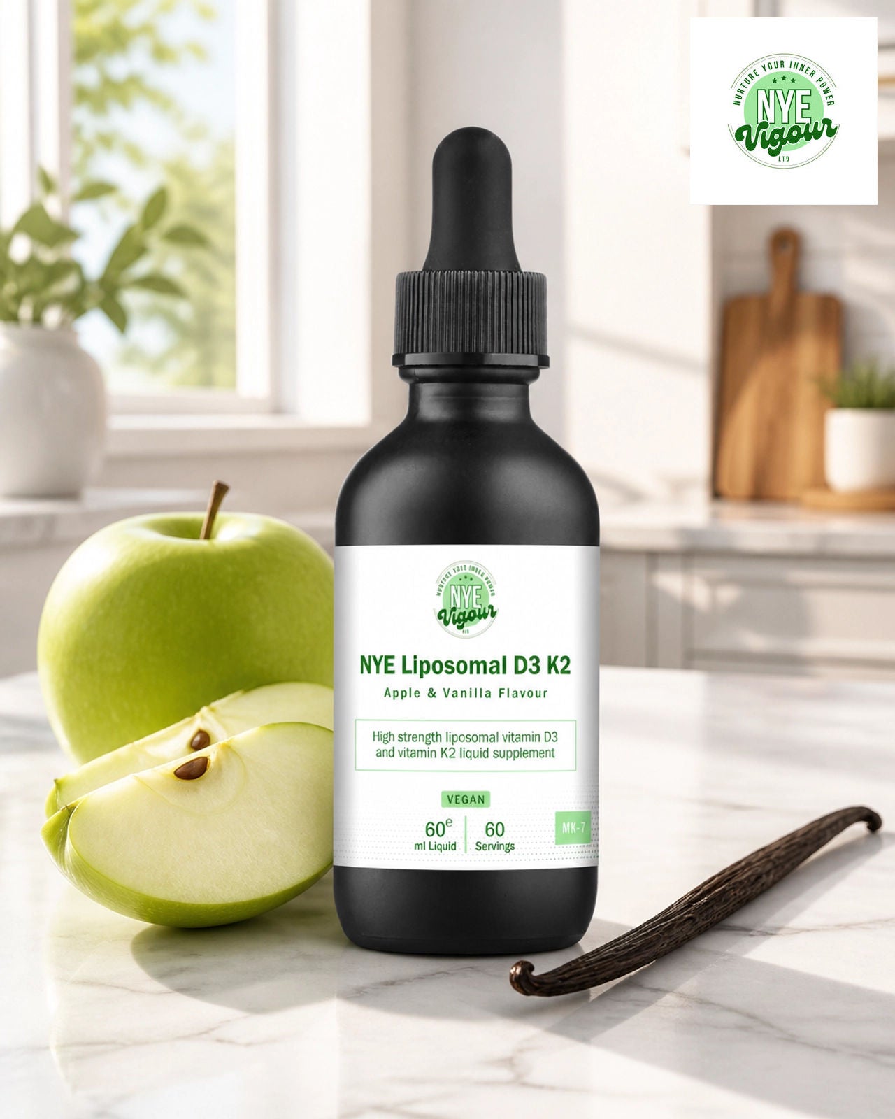 NYE Liposomal D3 K2 Apple & Vanilla Flavour Supplement for Optimal Health - Essential Vitamins for Well-being - Healthcare