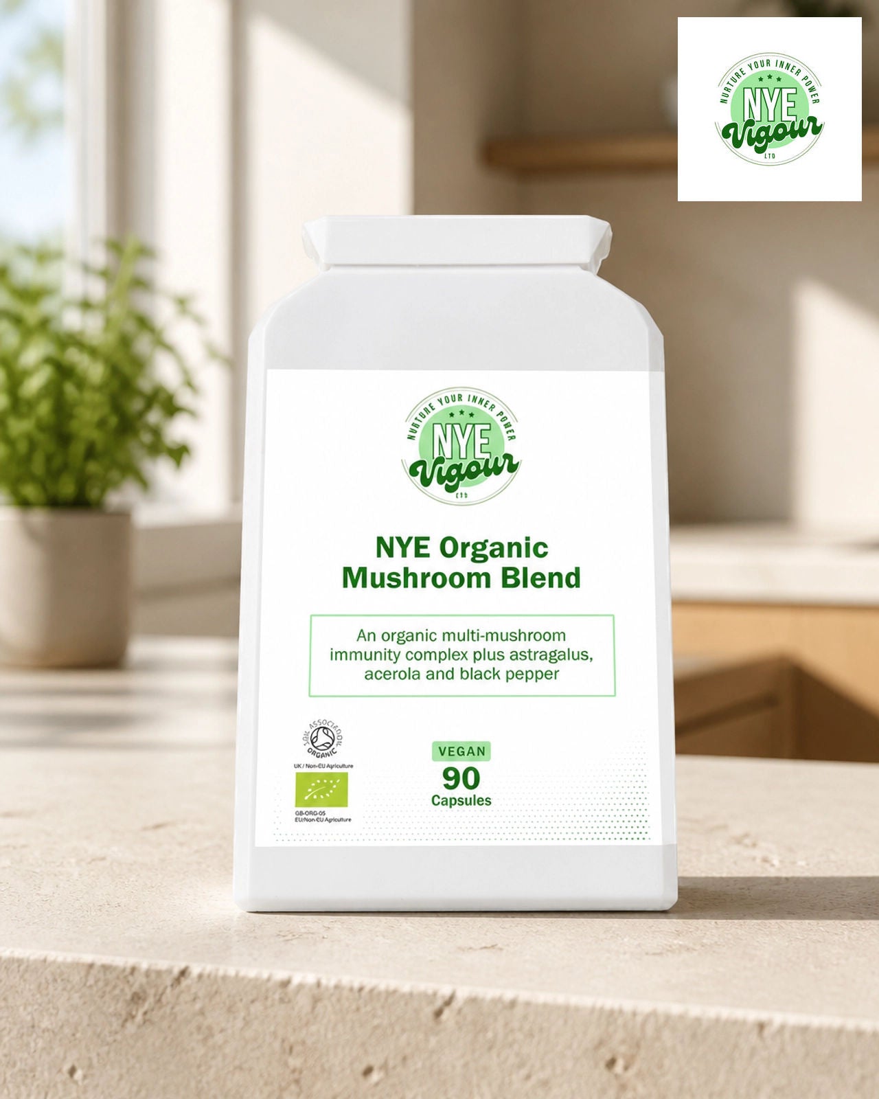 NYE Organic Mushroom Blend - 90 Vegan Capsules for Nervous System Support, Immunity Boost & Collagen Formation - Healthcare