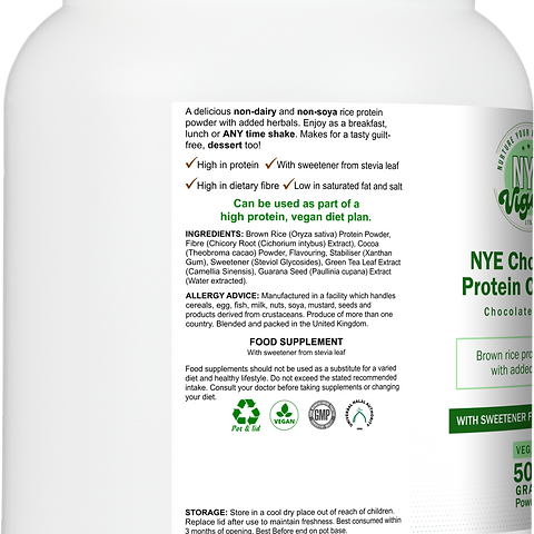 NYE Vigour Chocorice Protein Complex Chocolate Flavour 500g Vegan Brown Rice Powder with Stevia Leaf Sweetener