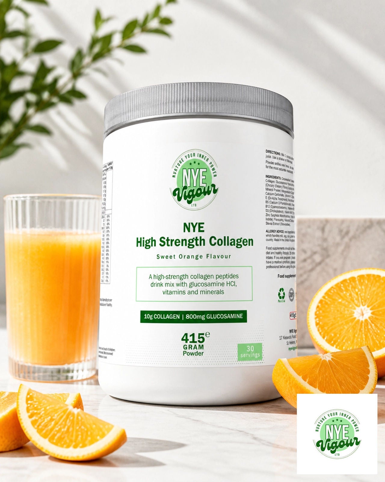 NYE Vigour Ltd High Strength Collagen Sweet Orange Flavour - Premium Quality Supplement with Glucosamine HCl & Vitamins for Optimal Health - Healthcare