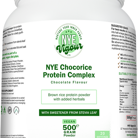 NYE Vigour Chocorice Protein Complex Chocolate Flavour 500g Vegan Brown Rice Powder with Stevia Leaf Sweetener