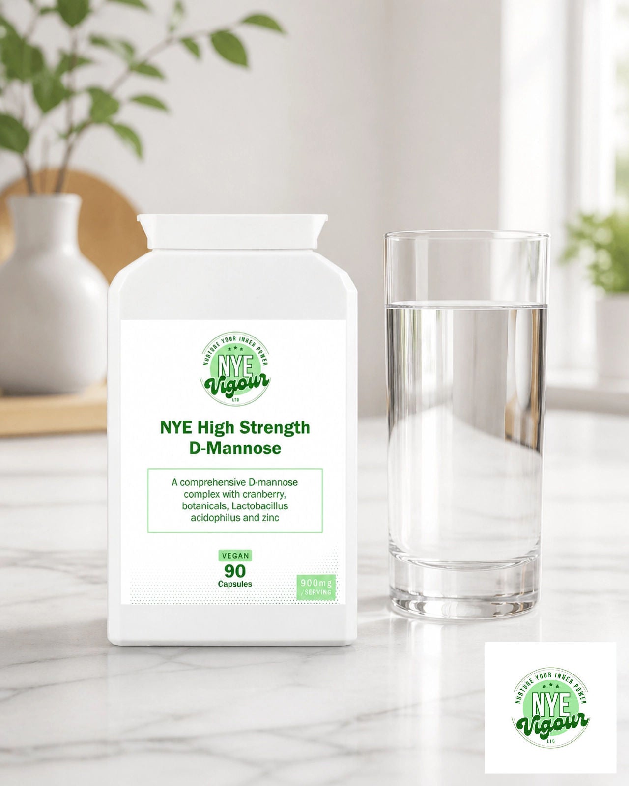 NYE Vigour High Strength D-Mannose Vegan 90 Capsules with Cranberry Botanicals Lactobacillus Acidophilus and Zinc