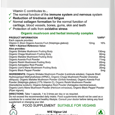 NYE Organic Mushroom Blend - 90 Vegan Capsules for Nervous System Support, Immunity Boost & Collagen Formation - Healthcare