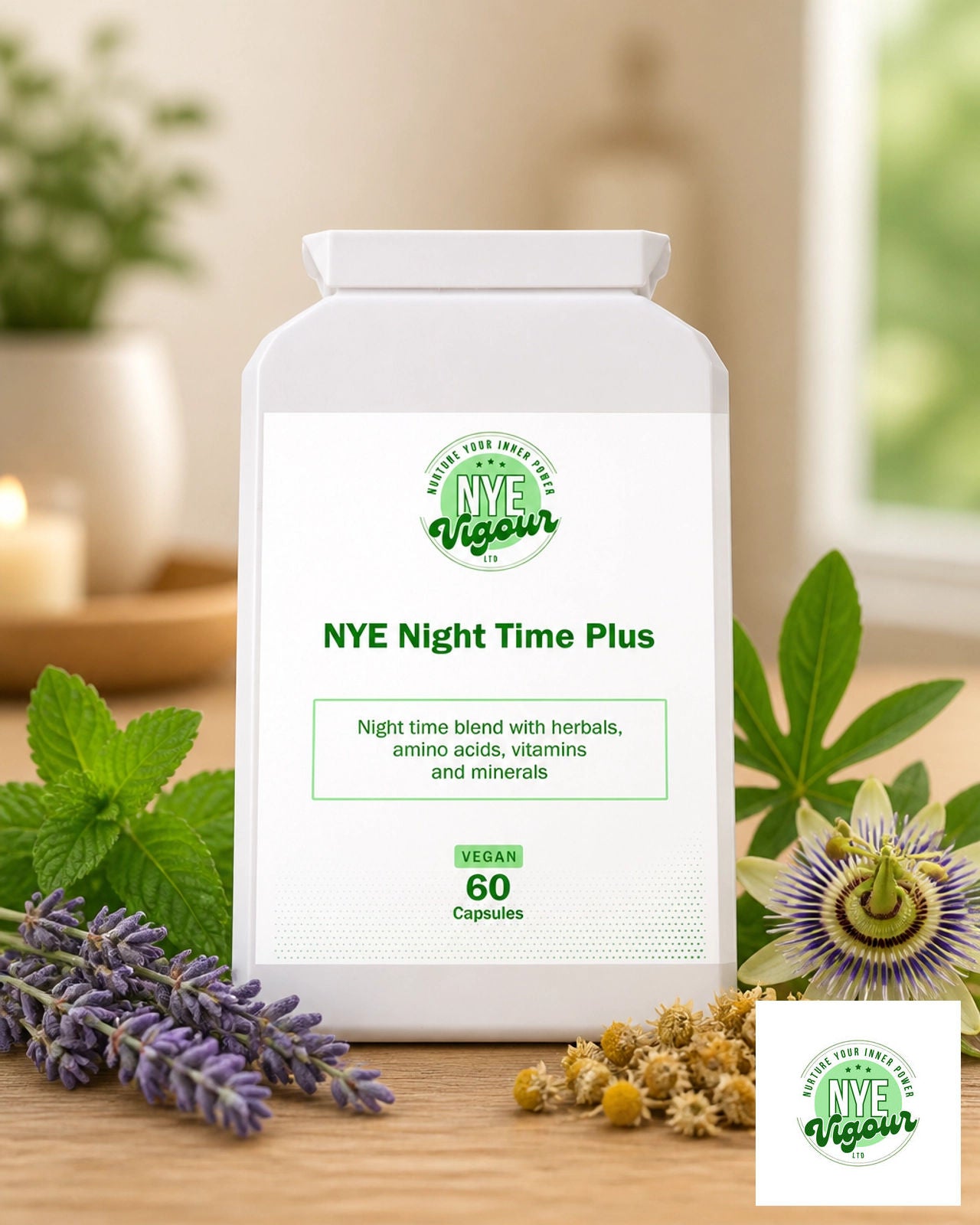 NYE Night Time Plus - Vegan 60 Capsules for Evening Use with Herbs Amino Acids Vitamins and Minerals