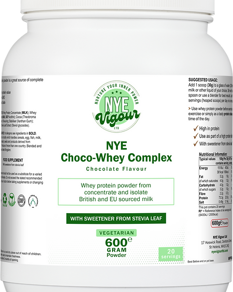 NYE Choco-Whey Complex Chocolate Flavour 600g Protein Powder with Stevia Leaf Sweetener for Fitness Enthusiasts